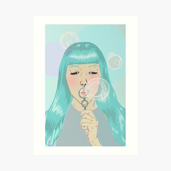 Blue Girl Blowing Bubbles Art Print