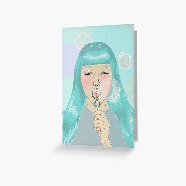 Blue Girl Blowing Bubbles Greeting Card
