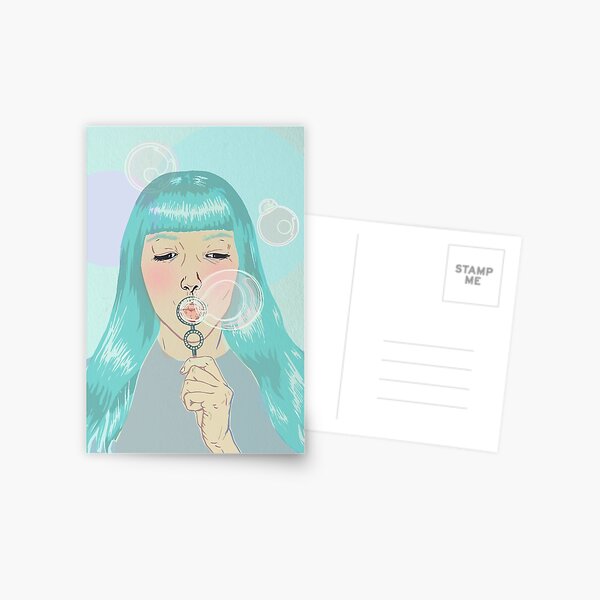 Blue Girl Blowing Bubbles Postcard