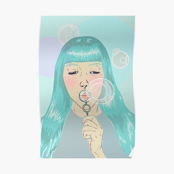 Blue Girl Blowing Bubbles Poster