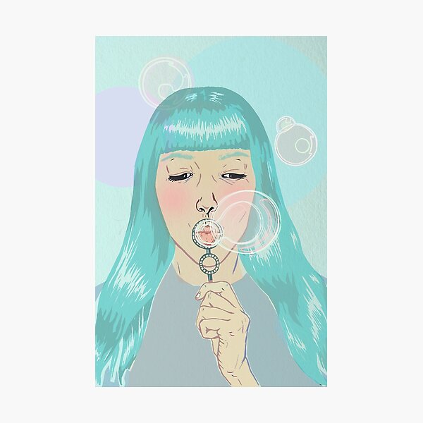 Blue Girl Blowing Bubbles Photographic Print