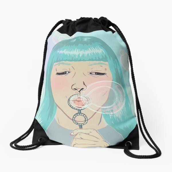 Blue Girl Blowing Bubbles Drawstring Bag