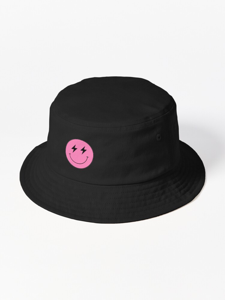 Black and Pink Smiley Lightning Bolt Face Bucket Hat