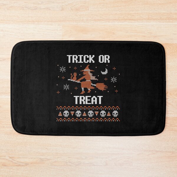 Item preview, Trick or Treat new trending funny cute orange a witch flying on a broom in spooky halloween dark night with her cute cat  adorable candy corn and skeleton knitted pattern design 2021  designed and sold by TeenLake.