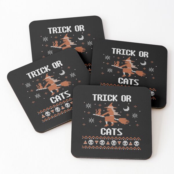 Item preview, Trick or Cats new trending funny cute orange a witch flying on a broom in spooky halloween dark night with her cute cat  adorable candy corn and skeleton knitted pattern design 2021  designed and sold by TeenLake.