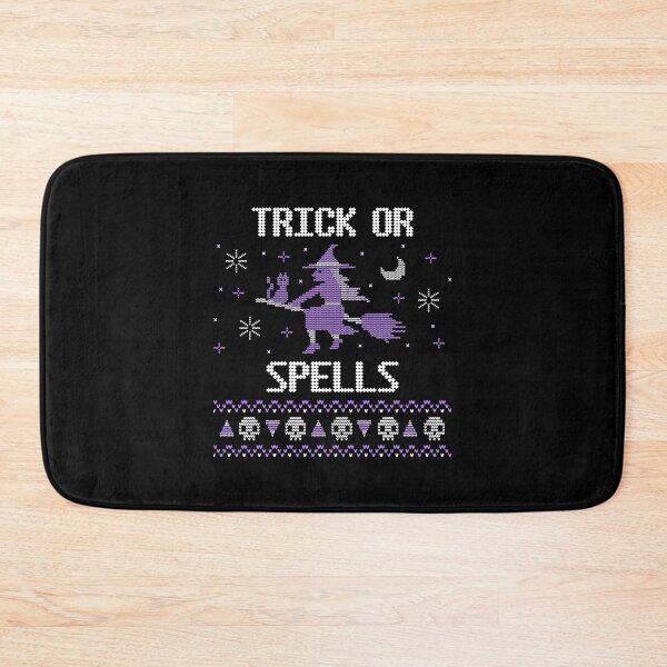 Item preview, Trick or Spells new trending funny cute purple a witch flying on a broom in spooky halloween dark night with her cute cat  adorable candy corn and skeleton knitted pattern design 2021  designed and sold by TeenLake.
