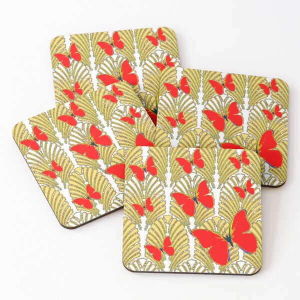 Item preview, YELLOW FLYING ART DECO RED BUTTERFLIES WHITE ABSTRACT ART designed and sold by sharlesart.