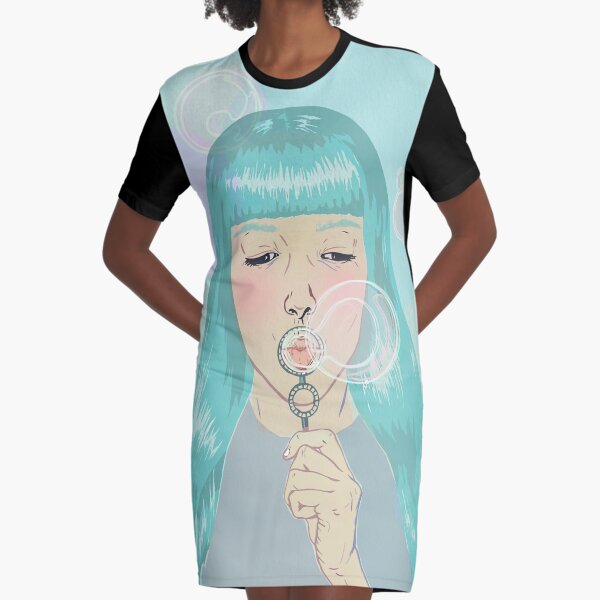 Blue Girl Blowing Bubbles Graphic T-Shirt Dress