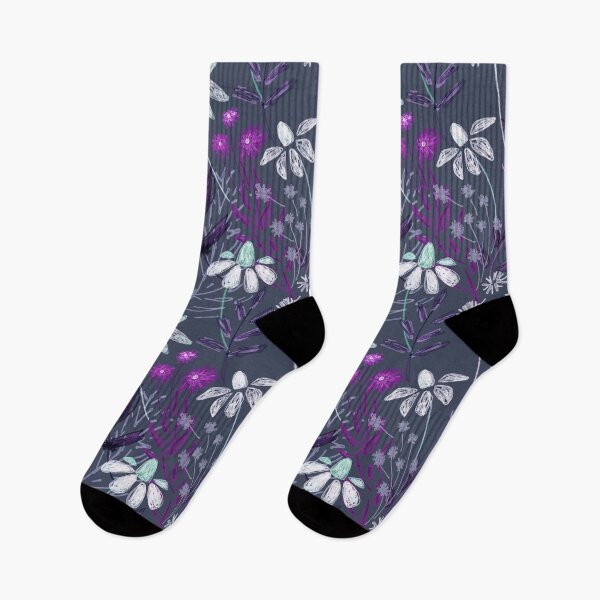 Item preview, Wildflowers. Floral pattern, lilac twigs and flowers, chamomile on a dark gray background, drawing. designed and sold by UVI-CA.