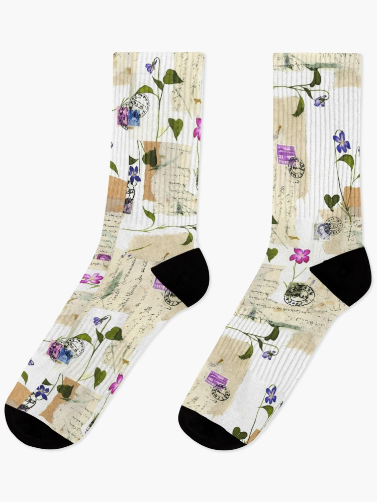 Thumbnail 1 of 5, Socks, Scripted Purple and Blue Flowers and Scripted Notes Pattern designed and sold by Shadowlight21.