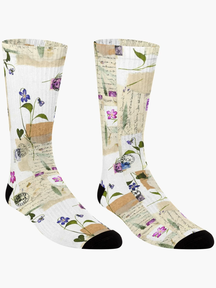 Thumbnail 3 of 5, Socks, Scripted Purple and Blue Flowers and Scripted Notes Pattern designed and sold by Shadowlight21.