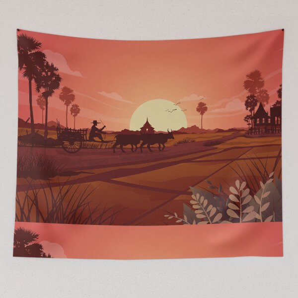 Item preview, asian farmers working rice field illustration art print designed and sold by JustMindBlowing.
