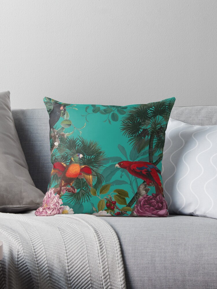 Throw Pillow,  Exotic Birds Wildlife Exotic Plants Exotic Animals turquoise designed and sold by Arctic frame studio