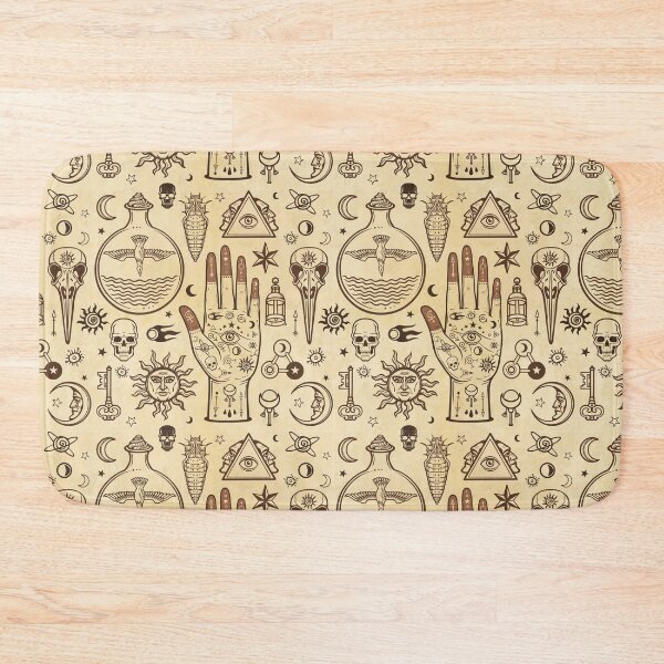 Item preview, Seamless color pattern: human hands in tattoos, alchemical symbols. Esoteric, mysticism, occultism. A background - imitation of old paper, the book, parchment.  designed and sold by YanaZvereva.