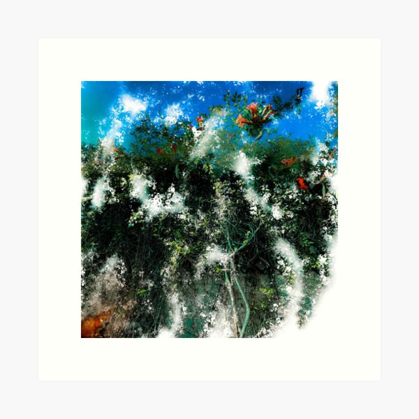 Bird. Cat. Flowers. Sky. Art Print