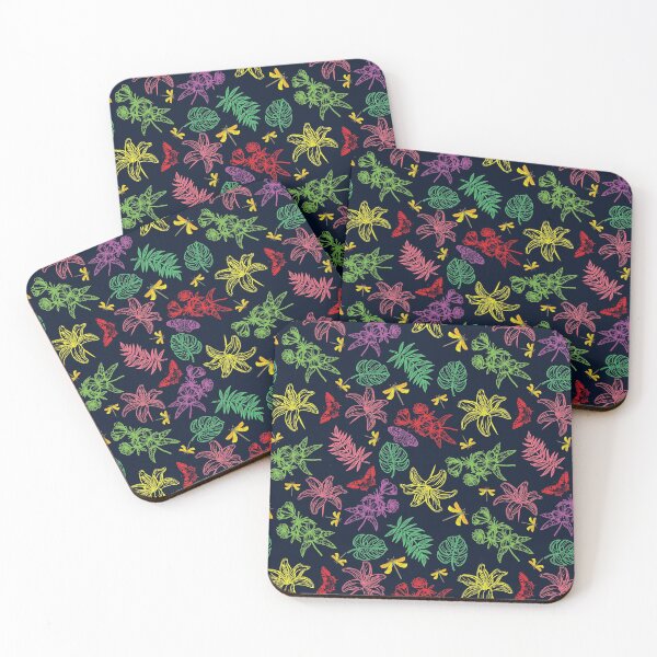 Item preview, dragonfly, butterfly flower and leaf line art pattern with dark blue wallpaper designed and sold by quickkdesign.