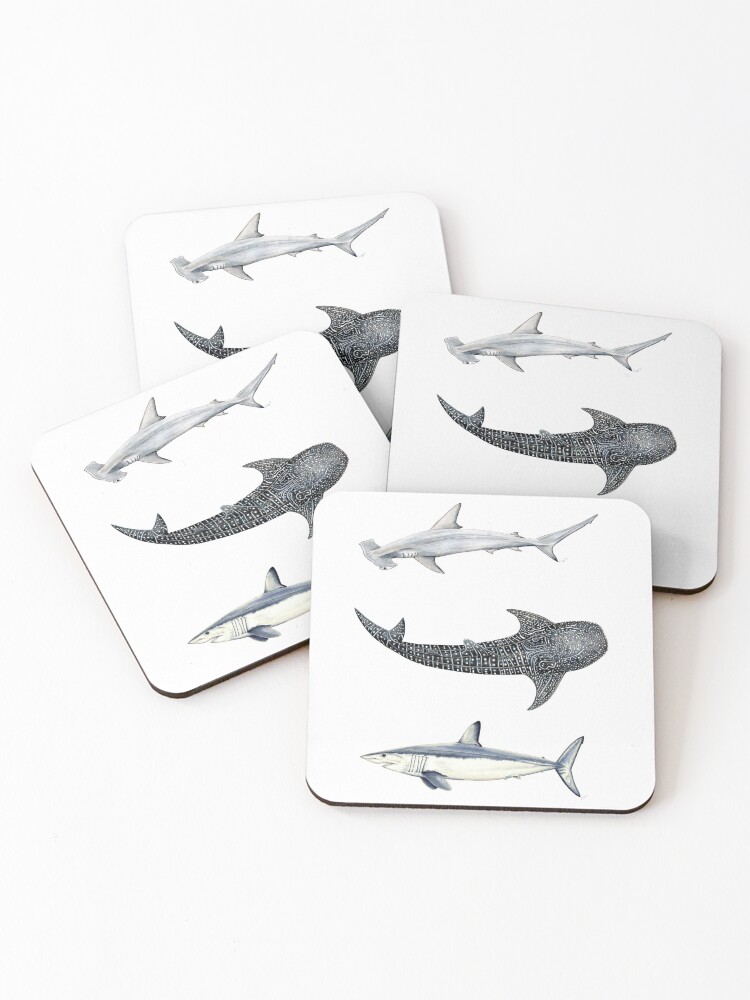 Thumbnail 1 of 5, Coasters (Set of 4), Shark trio: hammerhead shark, whale shark and mako shark designed and sold by CHLOEYZOARD.