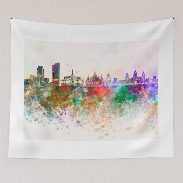 Item preview, Phnom Penh skyline in watercolor background designed and sold by paulrommer.