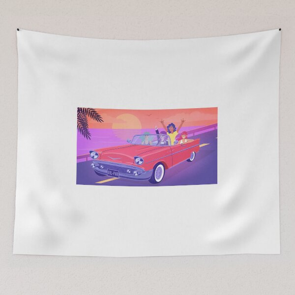Item preview, Happy Friends Riding In A Convertible Car Along A Beachfront Road With The Huge Orange Sunset designed and sold by AidenChen.