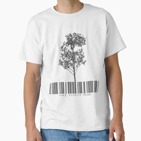 Vista previa del artículo con la obra «Camiseta Radiohead Árboles de plástico falsos con código de barras», diseñado y vendido por GravaLamb.