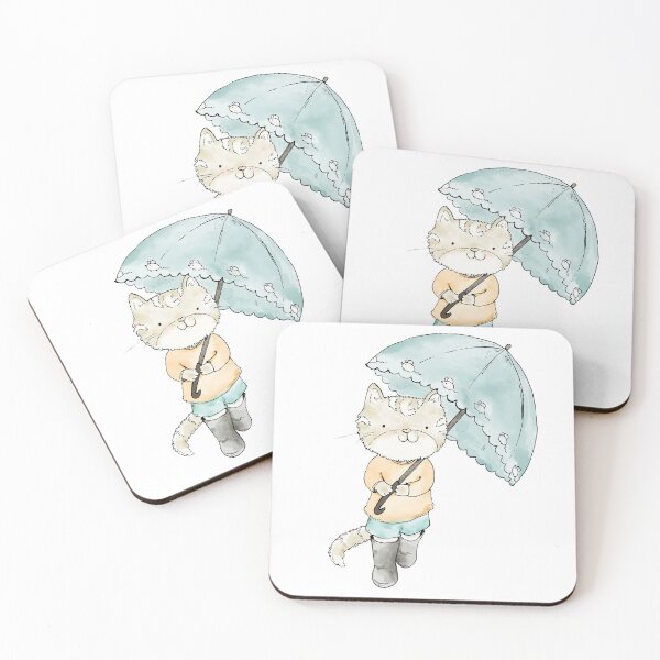 Item preview, Grey Cat in the Rain Wearing Orange Blouse, Blue Shorts and Grey Boots with a Blue Umbrella designed and sold by Fananaa.