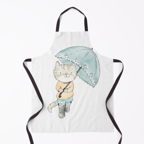 Item preview, Grey Cat in the Rain Wearing Orange Blouse, Blue Shorts and Grey Boots with a Blue Umbrella designed and sold by Fananaa.