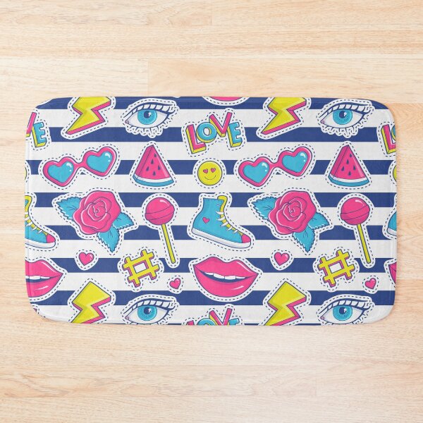 Item preview, Striped Seamless Pattern with Colorful Patch Badges Fashion Background White Pink Blue Yellow Colors designed and sold by Peekonet.