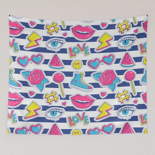 Item preview, Striped Seamless Pattern with Colorful Patch Badges Fashion Background White Pink Blue Yellow Colors designed and sold by Peekonet.