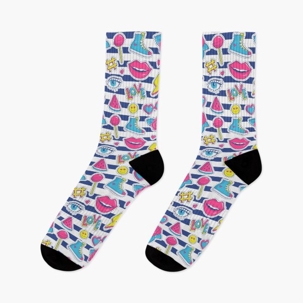 Item preview, Striped Seamless Pattern with Colorful Patch Badges Fashion Background White Pink Blue Yellow Colors designed and sold by Peekonet.
