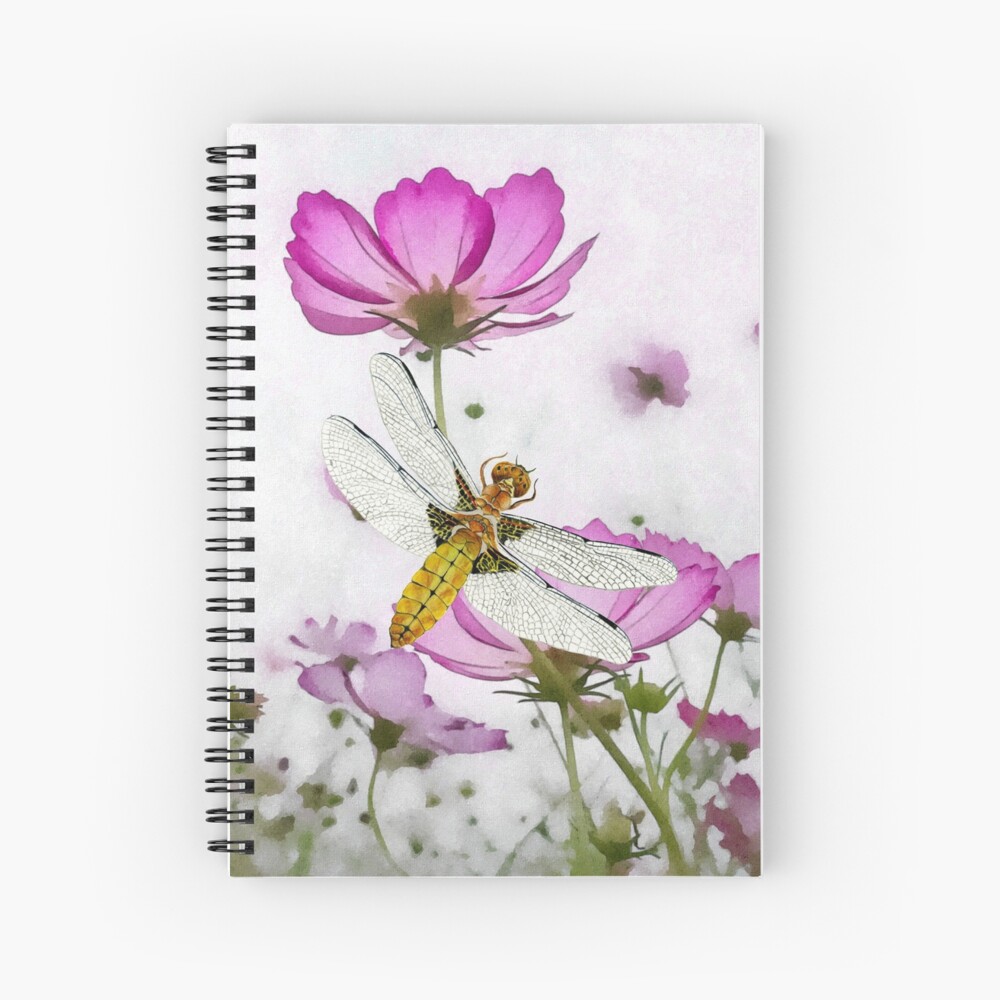 Broad bodied Chaser Dragonfly Insect on Cosmos Watercolor Painting Artwork Spiral Notebook