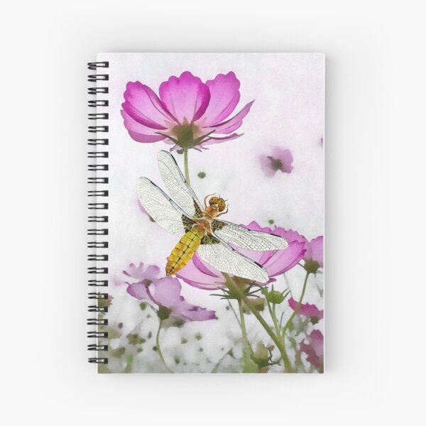 Broad bodied Chaser Dragonfly Insect on Cosmos Watercolor Painting Artwork Spiral Notebook