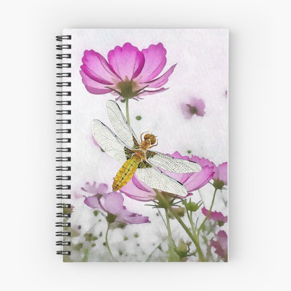 Item preview, Broad bodied Chaser Dragonfly Insect on Cosmos Watercolor Painting Artwork designed and sold by Alison Langridge.