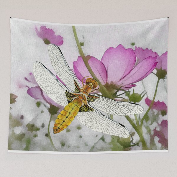 Item preview, Broad bodied Chaser Dragonfly Insect on Cosmos Watercolor Painting Artwork designed and sold by Alison Langridge.
