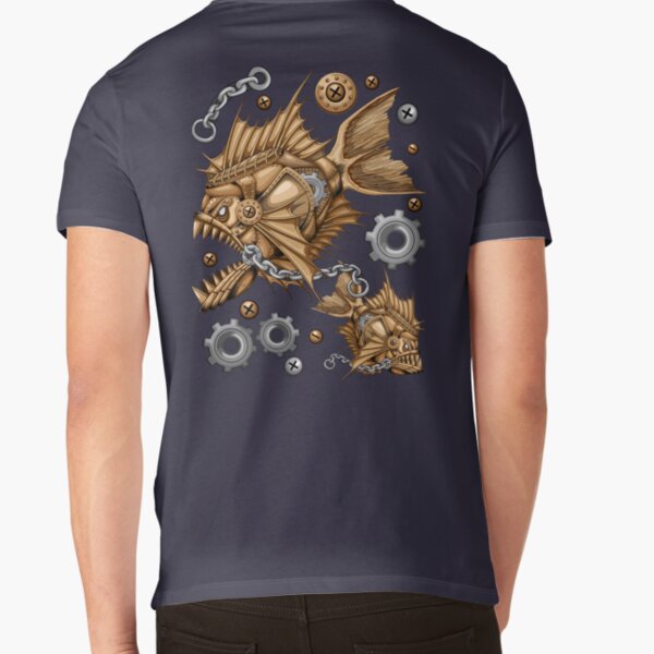 Steampunk Piranha Killer Retro Machine V-Neck T-Shirt