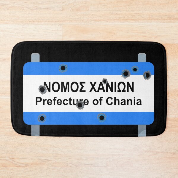 Item preview, Crete: Chania Prefecture road sign full of bullet holes designed and sold by Happy Puppy Print On Demand.