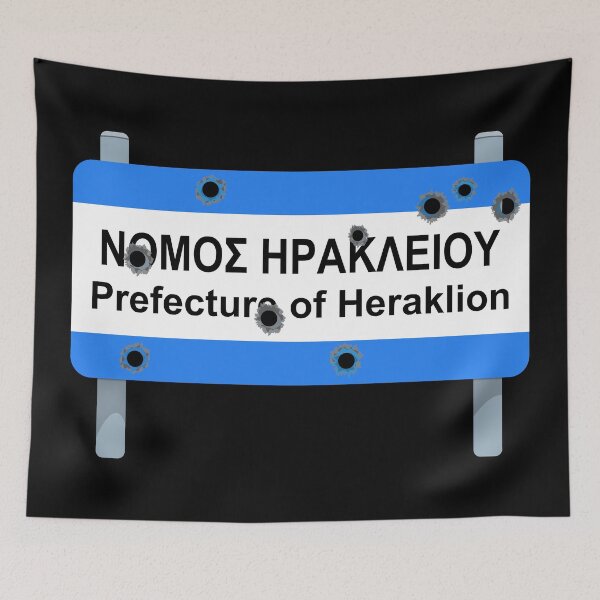Item preview, Crete: Heraklion Prefecture road sign full of bullet holes designed and sold by Happy Puppy Print On Demand.