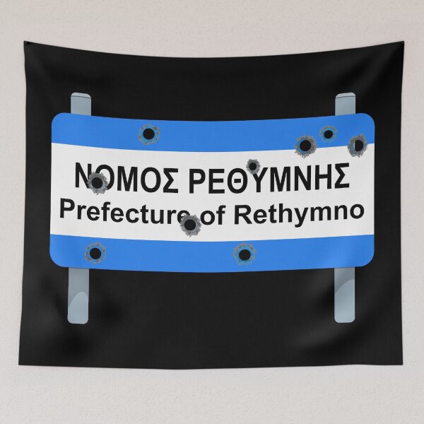 Item preview, Crete: Rethymno Prefecture road sign full of bullet holes designed and sold by Happy Puppy Print On Demand.