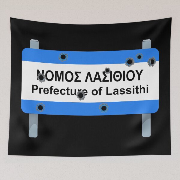 Item preview, Crete: Lassithi Prefecture road sign full of bullet holes designed and sold by Happy Puppy Print On Demand.
