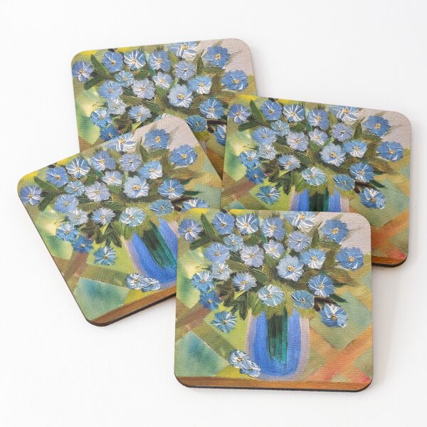 Item preview, some blue daisy's in a glass vase on a multi layer background  designed and sold by kkartwork.