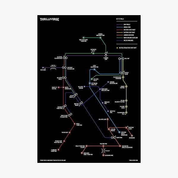 UK Theme Parks Map - Black Photographic Print