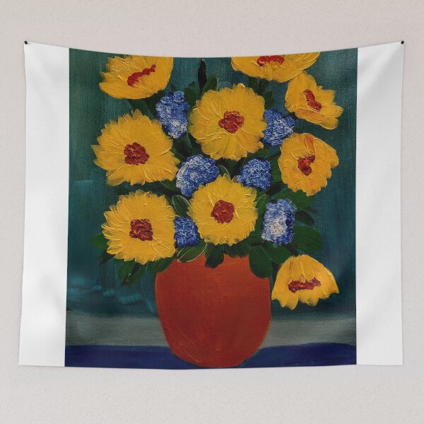 Item preview, sunflowers and blue flowers mixed medium and metallic paints. designed and sold by kkartwork.