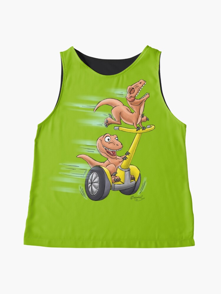 Sleeveless Top, Raptors on a Segway! from Mom Needs a Dinosaur! Book - Green Background designed and sold by SeabearPress