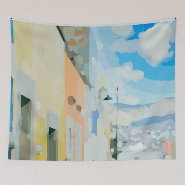 Item preview, Rainbow colored row of Mexican houses and a cotton candy sky retro mod print designed and sold by Boho Contessa.