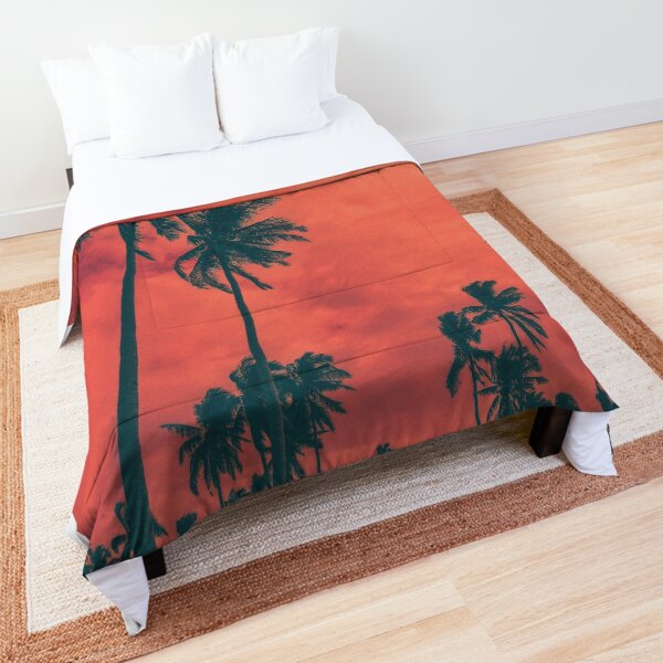 California Tropical red and blue sunset palm trees Comforter