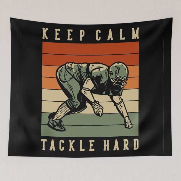 Item preview, T-shirt Design with Keep Calm Tackle Hard Football Player Doing Tackle Position Vintage Illustration designed and sold by Peekonet.