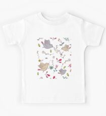 Sweet little birds in flight with bright colourful flowers and leaves, a fun pretty repeating illustration on white, classic statement fashion clothing, soft furnishings and home decor Kids Tee