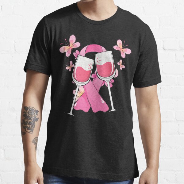 Pink Ribbon Wine Glass Butterfly Breast Cancer Awareness T-Shirt 