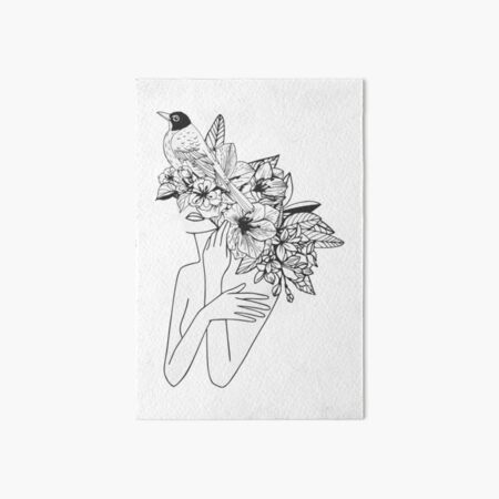 One Line Woman Art with Bird Art Board Print