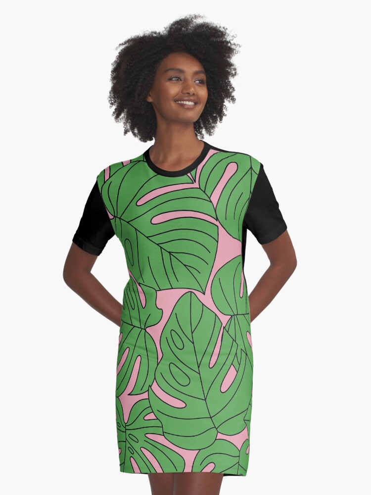 Green Palm Leaves Monstera Pattern On Tropic Pink