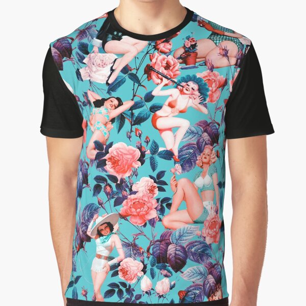 Pinup and Floral Pattern Graphic T-Shirt